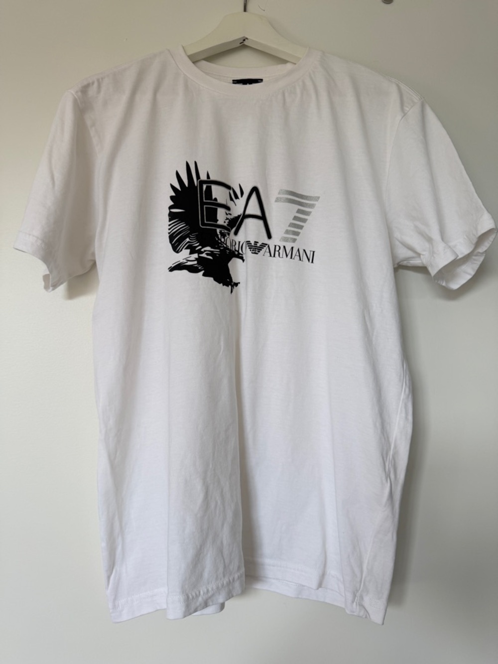 Emporio Armani White Tee with Black Eagle and Gray EA7 Logo